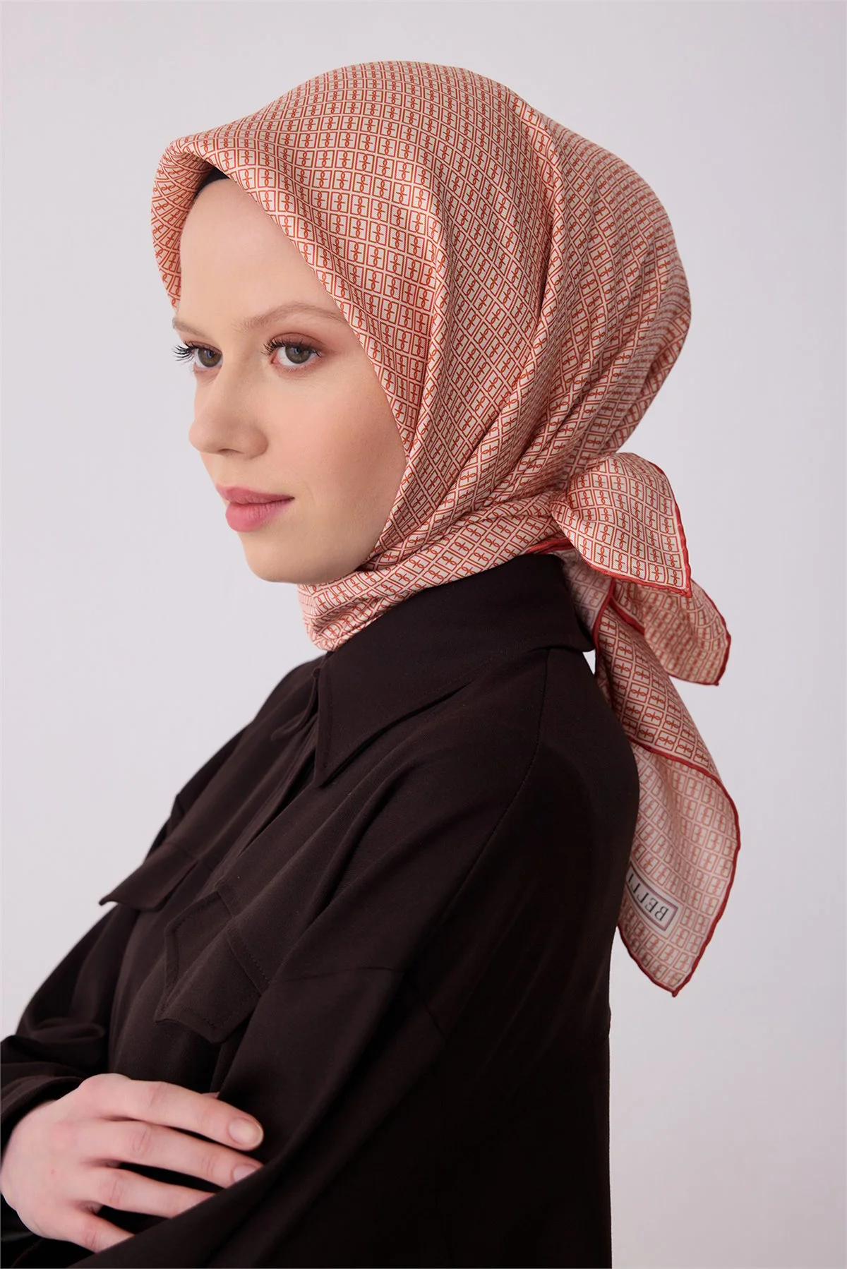 Belli Oranj Monogram Desen %100 Twill İpek Eşarp 4321D 84