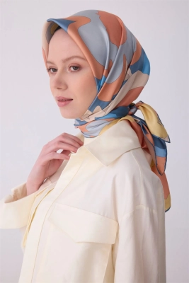 Belli  Mavi Çok Renkli Çiçek Desen %100 Twill İpek Eşarp 4306D 07