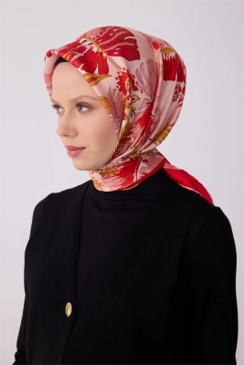 Belli Kırmızı Pembe Çok Renkli Çiçek Desen %100 Twill İpek Eşarp 4323D 52