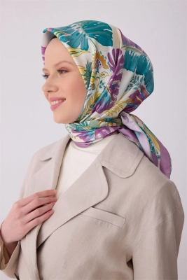 Belli Turkuaz Çok Renkli Çiçek Desen %100 Twill İpek Eşarp 4323D 84