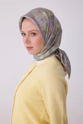 Belli Gri Çok Renkli Etnik Desen %100 Twill İpek Eşarp 4314D 80