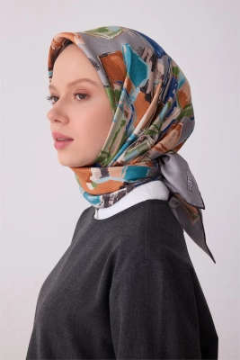 Belli Gri Soyut Desen %100 Twill İpek Eşarp 4310D 55