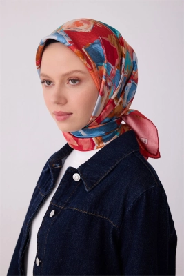 Belli Kırmızı Soyut Desen %100 Twill İpek Eşarp 4310D 05