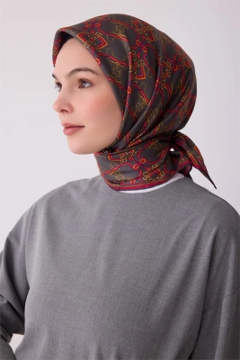 Belli Koyu Gri Klasik Desen %100 Twill İpek Eşarp 4328D 05