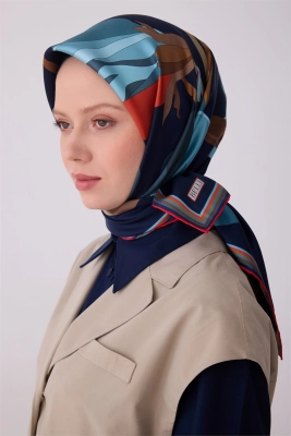 Belli Lacivert Çiçek Desen %100 Twill İpek Eşarp 4303D 51