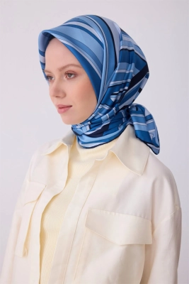 Belli Lacivert Çok Renkli Geometrik Desen %100 Twill İpek Eşarp 4311D 05