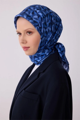 Belli Lacivert Çok Renkli Obje Desen %100 Twill İpek Eşarp 4322D 56