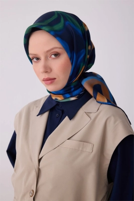 Belli Lacivert Soyut Desen %100 Twill İpek Eşarp 4301D 84