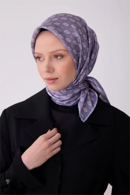 Belli Lila Etnik Desen %100 Twill İpek Eşarp 4308D 35