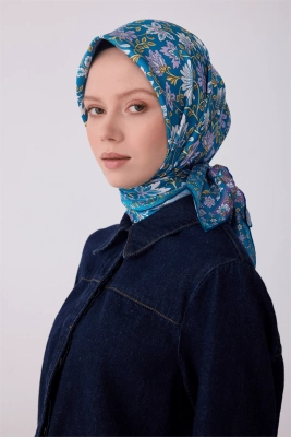Belli Mavi Çok Renkli Etnik Desen %100 Twill İpek Eşarp 4314D 52