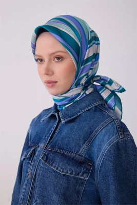 Belli Mavi Çok Renkli Geometrik Desen %100 Twill İpek Eşarp 4311D 02