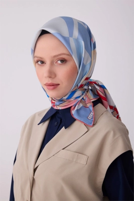 Belli Mavi Çok Renkli Obje Desen %100 Twill İpek Eşarp 4300D 35