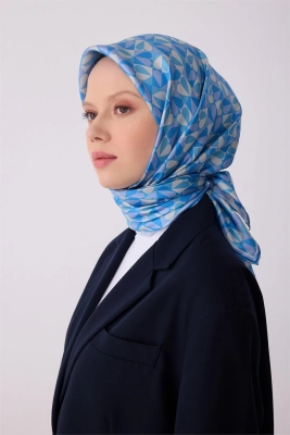 Belli Mavi Çok Renkli Obje Desen %100 Twill İpek Eşarp 4322D 33