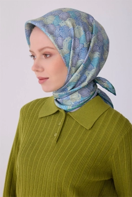 Belli Mavi Obje Desen %100 Twill İpek Eşarp 4313D 51
