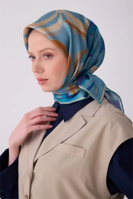 Belli Mavi Soyut Desen %100 Twill İpek Eşarp 4301D 81