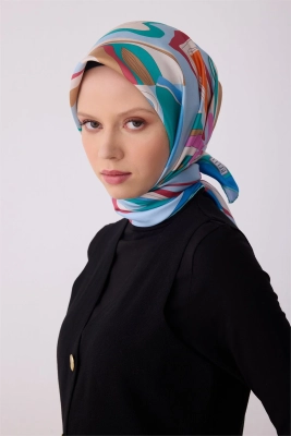 Belli Mavi Soyut Desen %100 Twill İpek Eşarp 4318D 34