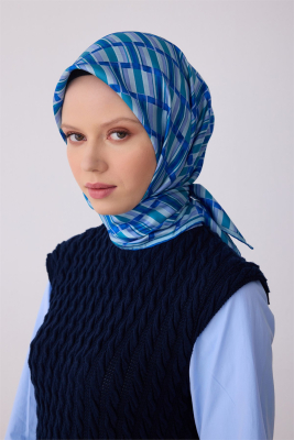 Belli Mavi Geometrik Desen %100 Twill İpek Eşarp 4302D 50