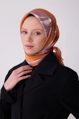 Belli Oranj Çiçek Desen %100 Twill İpek Eşarp 4303D 33