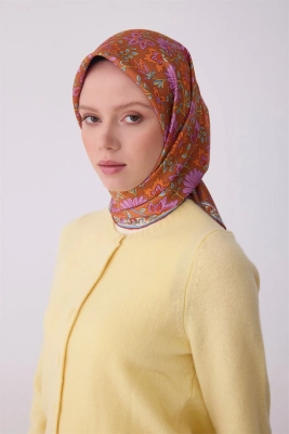 Belli Oranj Çok Renkli Etnik Desen %100 Twill İpek Eşarp 4314D 31