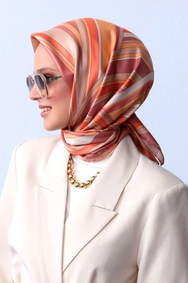 Belli Oranj Çok Renkli Geometrik Desen %100 Twill İpek Eşarp 4311D 33