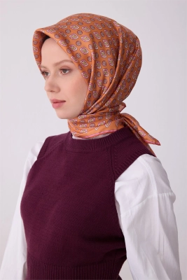 Belli Oranj Etnik Desen %100 Twill İpek Eşarp 4308D 33