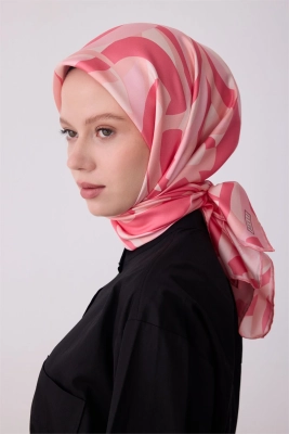 Belli Pembe Geometrik Desen %100 Twill İpek Eşarp 4327D 56