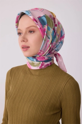 Belli Pembe Soyut Desen %100 Twill İpek Eşarp 4310D 02