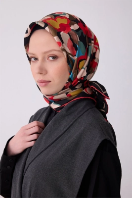 Belli Siyah Çok Renkli Çiçek Desen %100 Twill İpek Eşarp 4312D 31
