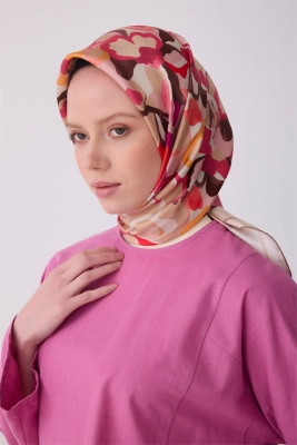 Belli Pembe Çok Renkli Çiçek Desen %100 Twill İpek Eşarp 4312D 35