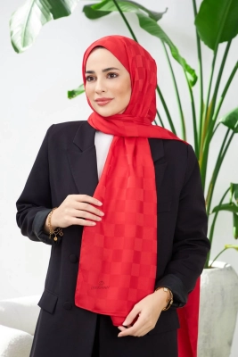 İpekhan Dama Desen İpeksi Jakar Şal Kırmızı