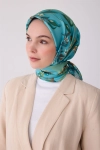 Belli Yeşil Obje Desen %100 Twill İpek Eşarp 4320D 50