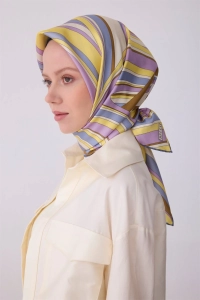 Belli Sarı Lila Çok Renkli Geometrik Desen %100 Twill İpek Eşarp 4311D 03